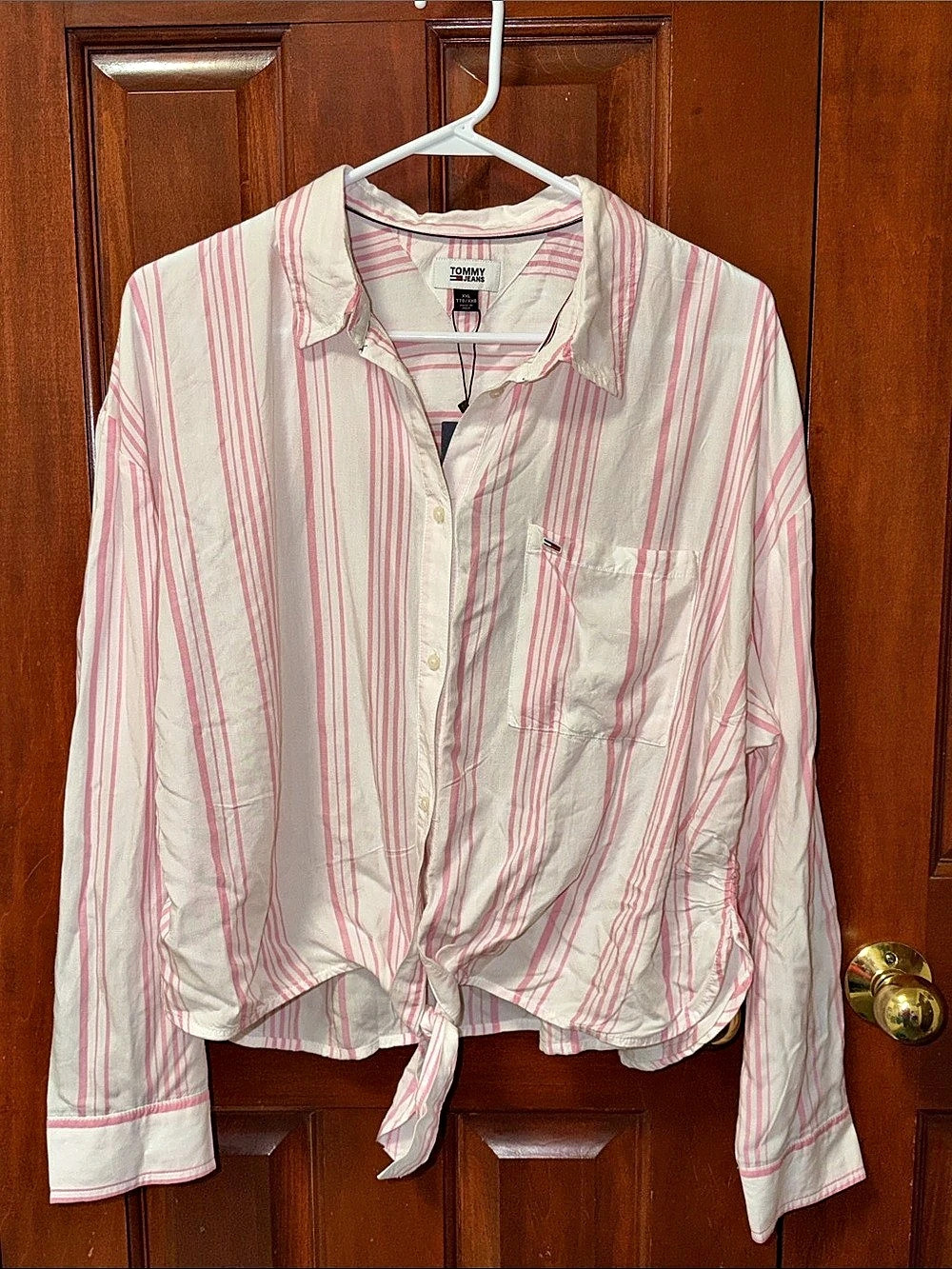 Tommy Hilfiger Striped Button Down Shirt with bottom tie in Pink & White